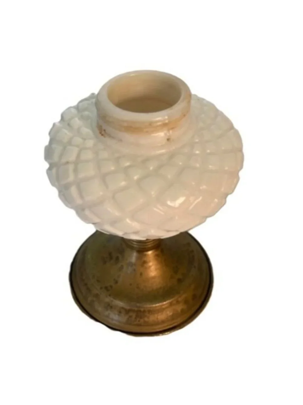 Vintage Mini Milk Glass Oil Lamp Diamond Pattern Base Ruffled Chimney 9.75